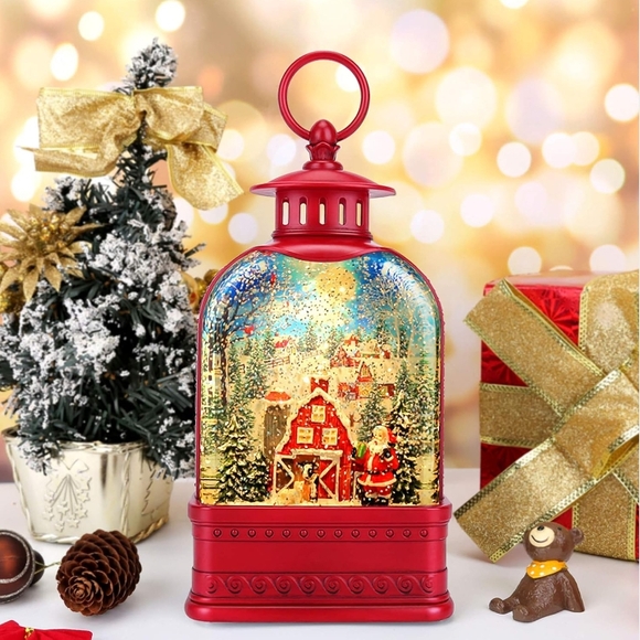 Festive Red Holiday Lantern with Santa Scene - Picture 1 of 7